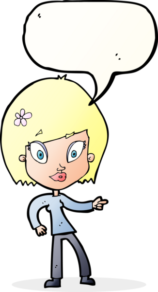 Bir insan tarafından çizilmiş konuşma baloncuğuyla işaret eden güzel bir kadın.