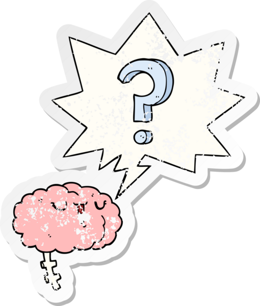 Bir insan tarafından çizilmiş, sıkıntılı, eski bir çıkartma, konuşma baloncuğu ile çizgi film meraklısı beyni.