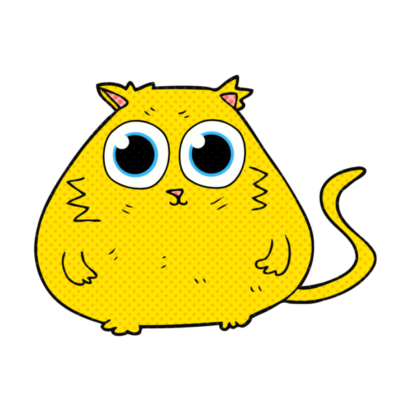 Bir insan tarafından çizilmiş büyük, güzel gözleri olan bir çizgi film kedisi.