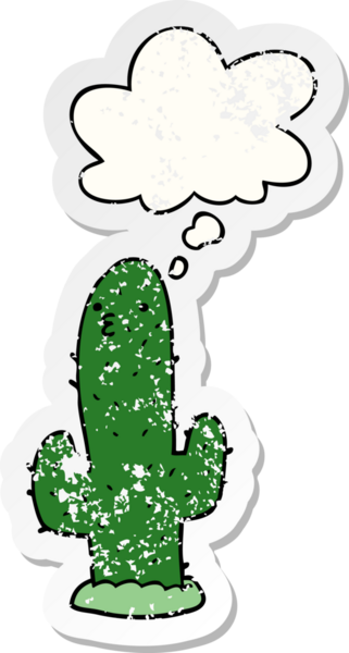 Düşünce baloncuğu olan çizgi film kaktüsü insan tarafından çizilmiş yıpranmış bir çıkartma.
