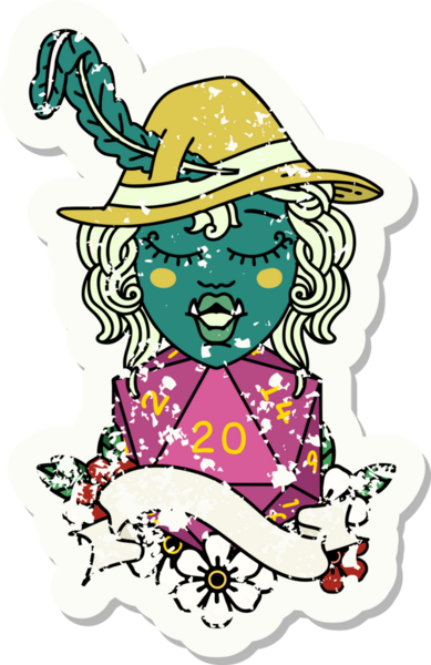 Retro Dövme Tarzı Bir insan tarafından çizilmiş 20 zarlı yarı ork ozan karakteri