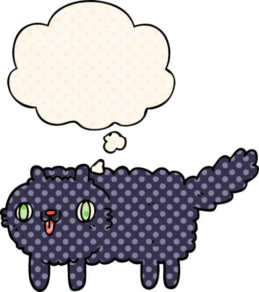 Çizgi roman tarzında düşünce baloncuğu olan çizgi film kedisi insan tarafından çizilmiş.