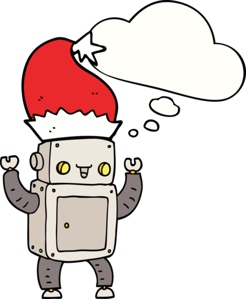 Bir insan tarafından çizilmiş düşünce baloncuklu noel robotu.