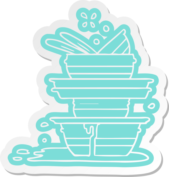 Bir insan tarafından çizilmiş bir yığın kirli tabağın çizgi film etiketi.