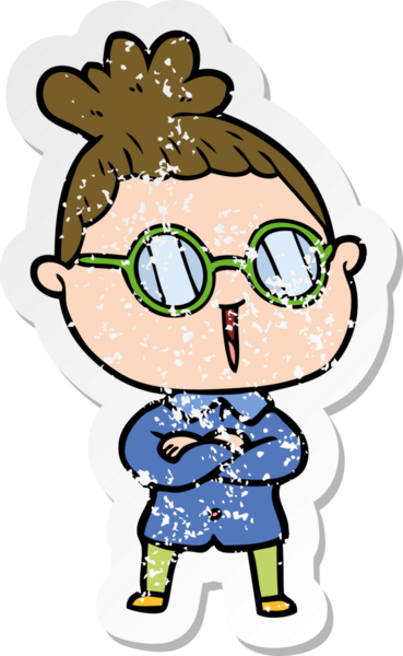 Bir insan tarafından çizilmiş gözlük takan karikatürlü bir kadının sıkıntılı çıkartması.