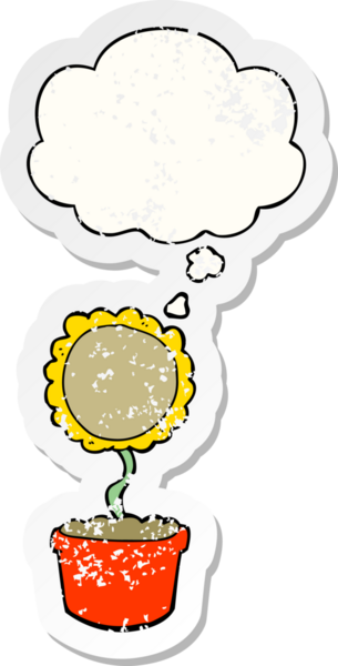 Düşünce baloncuğu olan sevimli bir karikatür çiçeği insan tarafından çizilmiş yıpranmış bir çıkartma gibi.