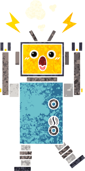 Bir insan tarafından çizilmiş arızalı bir robotun retro çizim tarzı karikatürü