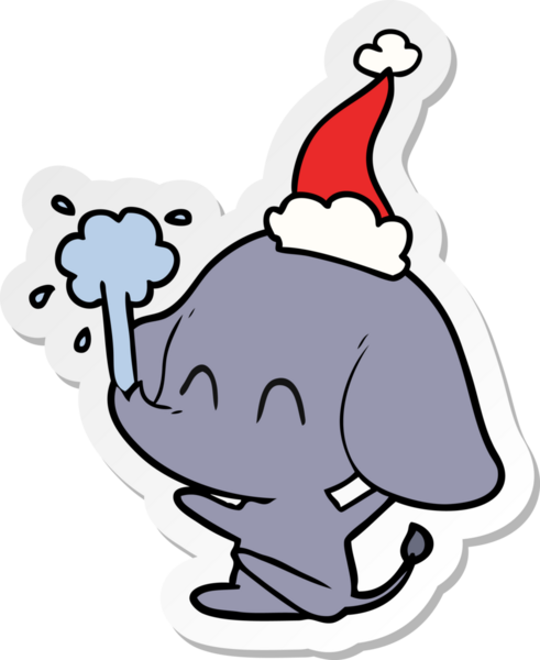 Bir insan tarafından çizilmiş Noel Baba şapkasıyla su püskürten bir fil çizimi.