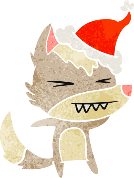 Kızgın kurt el, bir insan tarafından çizilmiş Noel Baba şapkasının retro karikatürünü çizdi.