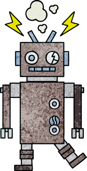Bir insan tarafından çizilmiş arızalı bir robotun retro grunge desen karikatürü