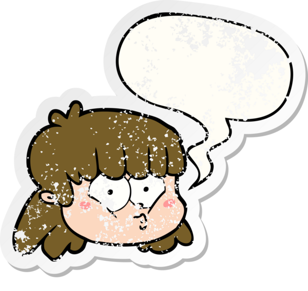 Konuşma baloncuğu olan çizgi film kadın yüzü bir insan tarafından çizilmiş sıkıntılı eski bir çıkartma