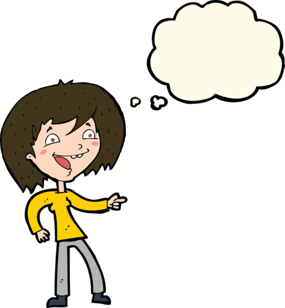 Bir insan tarafından çizilmiş düşünce balonuyla gülen ve işaret eden çizgi film kadını.