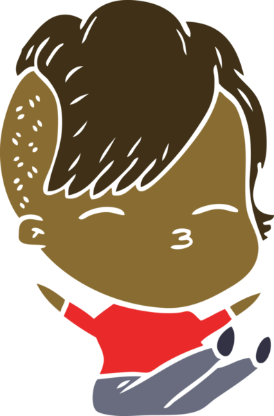 Düz renkli çizgi film çizen kız bir insan tarafından çizilmiş.