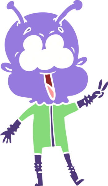 Mutlu düz renkli çizgi film uzaylı bir insan tarafından çizilmiş barış jesti