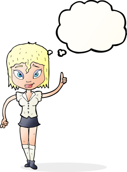 Bir insan tarafından çizilen düşünce baloncuğuyla nokta koyan çizgi film kadını.