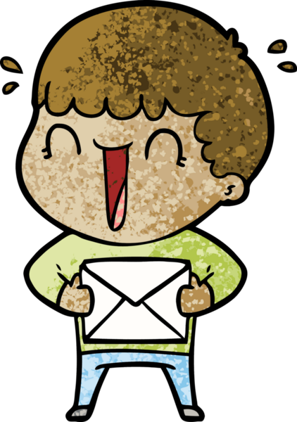 Bir insan tarafından çizilmiş bir mektupla gülen çizgi film adamı.