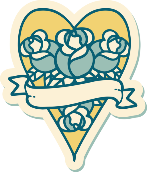 Geleneksel kalp stili dövme çıkartması ve bir insan tarafından çizilmiş çiçekli pankart.