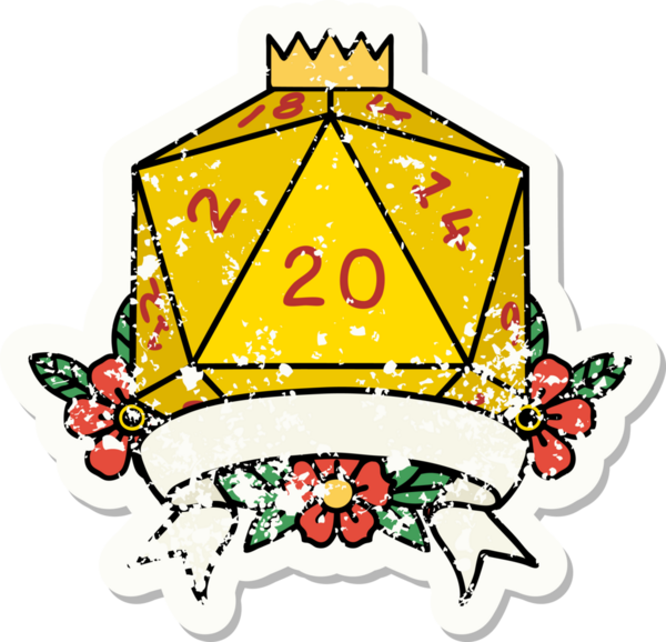 Bir insan tarafından çekilen 20 kritik vuruşluk D20 zar atımının grunge çıkartması.