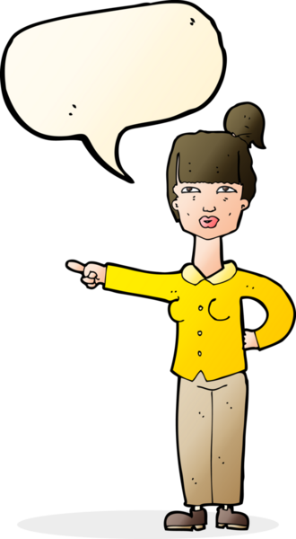 Bir insan tarafından çizilmiş bir konuşma balonuyla işaret eden çizgi film kadını.