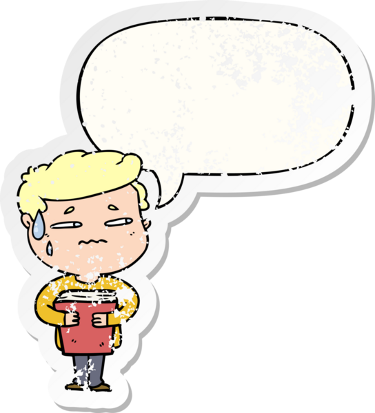 Çizgi filmdeki endişeli çocuk, elinde konuşma balonuyla kitap taşıyor. Bir insan tarafından çizilmiş sıkıntılı eski bir çıkartma.