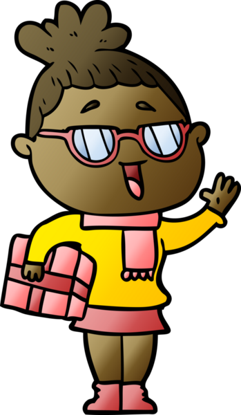 Bir insan tarafından çizilmiş gözlüklü mutlu kadın çizgi filmi.