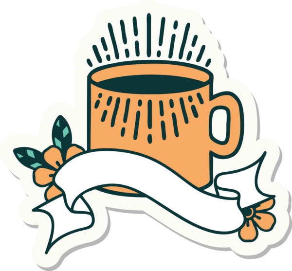 Bir insan tarafından çizilmiş bir fincan kahve sancağıyla dövme stili çıkartması.