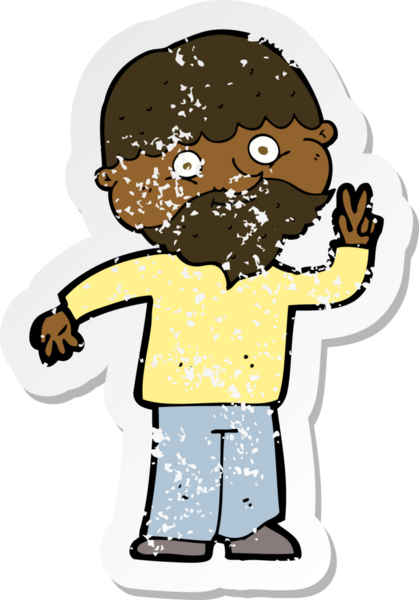 Bir insan tarafından çizilmiş barış işareti veren bir çizgi film karakterinin gerilimli retro yapıştırması