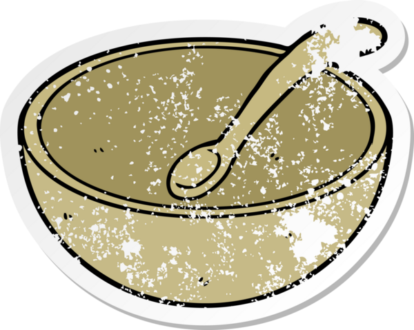 Bir insan tarafından çizilmiş ahşap bir kâse ve kaşığın sıkıntılı çıkartması.