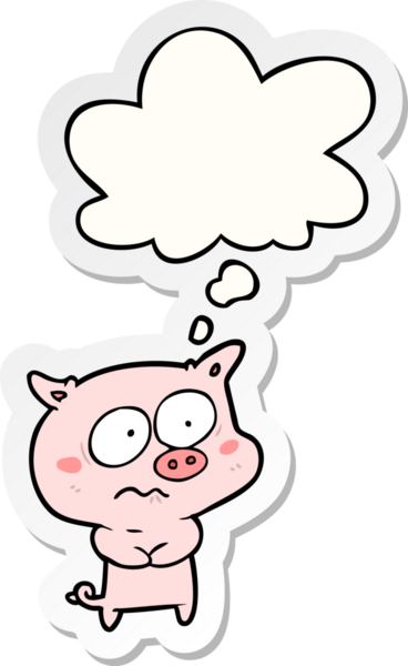 İnsan tarafından çizilmiş bir çıkartma gibi düşünce balonlu çizgi film gerilimli domuz.