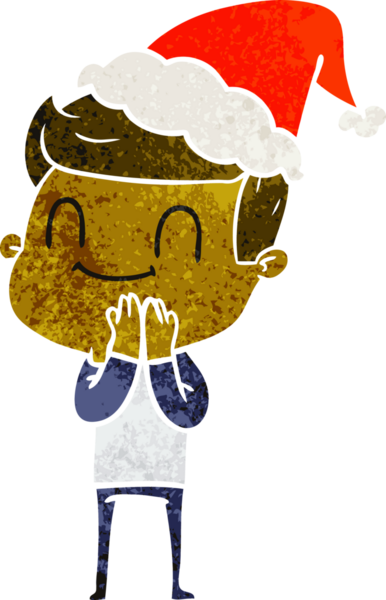 Bir insan tarafından çizilmiş dost canlısı, Noel Baba şapkası takan bir adamın el çizimi karikatürü.