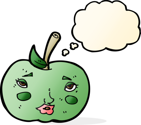 bir insan tarafından çizilmiş, yüzü düşünce baloncuğu olan çizgi film elması
