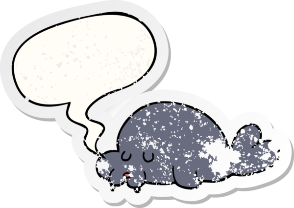 Konuşma baloncuğu olan karikatür deniz aygırı bir insan tarafından çizilmiş sıkıntılı eski bir çıkartma