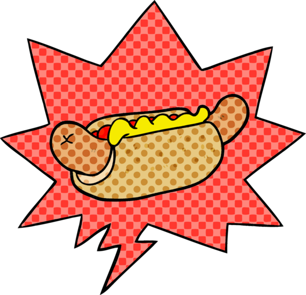 Bir insan tarafından çizilmiş, çizgi roman tarzında konuşma balonu olan taze, lezzetli bir sosisli.