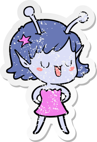 Bir insan tarafından çizilmiş mutlu uzaylı kız çizgi filminin sıkıntılı çıkartması.