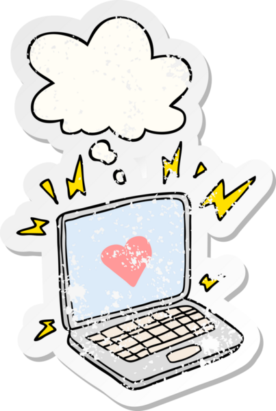 Düşünce baloncuklu internet randevu karikatürü bir insan tarafından çizilmiş yıpranmış bir çıkartma.