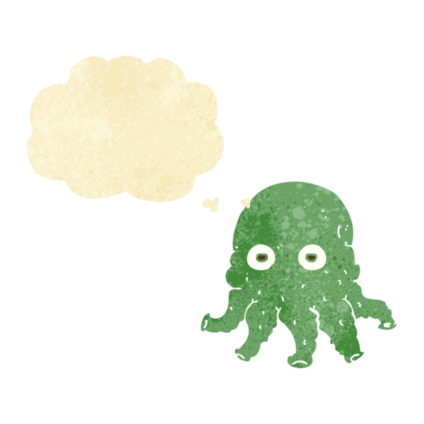 Bir insan tarafından çizilmiş düşünce baloncuklu uzaylı mürekkep balığı yüzü.