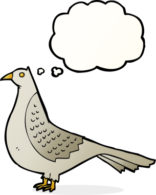 Bir insan tarafından çizilmiş düşünce baloncuklu çizgi film kuşu.