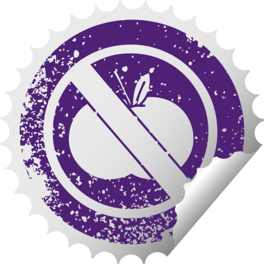 Sıkıntılı dairesel kabuk soyma etiketi. Bir insan tarafından çizilmesine izin verilmeyen meyve sembolü.