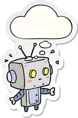 Düşünce baloncuğu insan tarafından çizilmiş bir çıkartma olan çizgi film robotu.