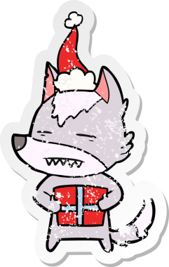 Bir insan tarafından çizilmiş Noel Baba şapkası takan bir kurt resmi.