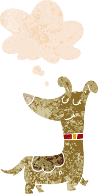 Düşünce baloncuğu ile çizgi film köpeğinin grunge sıkıntılı retro tarzı bir insan tarafından çizilmiş