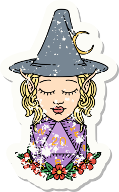 Bir insan tarafından çizilmiş doğal yirmi zarlı elf büyücü karakterinin grunge sticker 'ı.