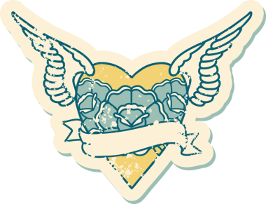 İkonik sıkıntılı dövme stili kanatlı kalp resmi çiçekler ve bir insan tarafından çizilmiş pankart