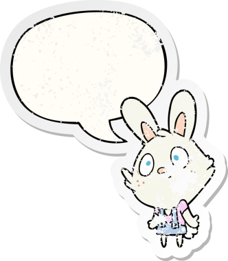 Sevimli çizgi film tavşanı omuzlarını silkiyor. Konuşma baloncuğu bir insan tarafından çizilmiş sıkıntılı eski bir çıkartma.