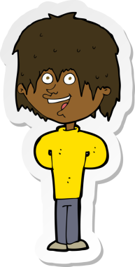 Bir insan tarafından çizilmiş mutlu, pasaklı bir çocuğun çıkartması.