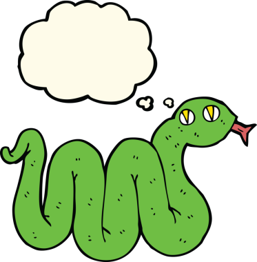 Bir insan tarafından çizilmiş düşünce baloncuklu komik çizgi film yılanı.