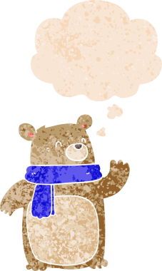 Düşünce baloncuklu bir eşarp takan çizgi film ayısı bir insan tarafından çizilmiş dertli retro stili.