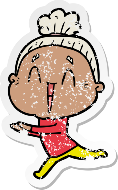 Bir insan tarafından çizilmiş mutlu, yaşlı bir kadının sıkıntılı çıkartması.