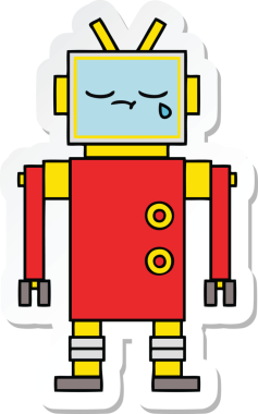 Bir insan tarafından çizilmiş şirin, ağlayan bir robot çıkartması.