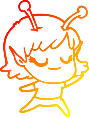 Bir insan tarafından çizilmiş gülümseyen uzaylı kız çizgi filmi.